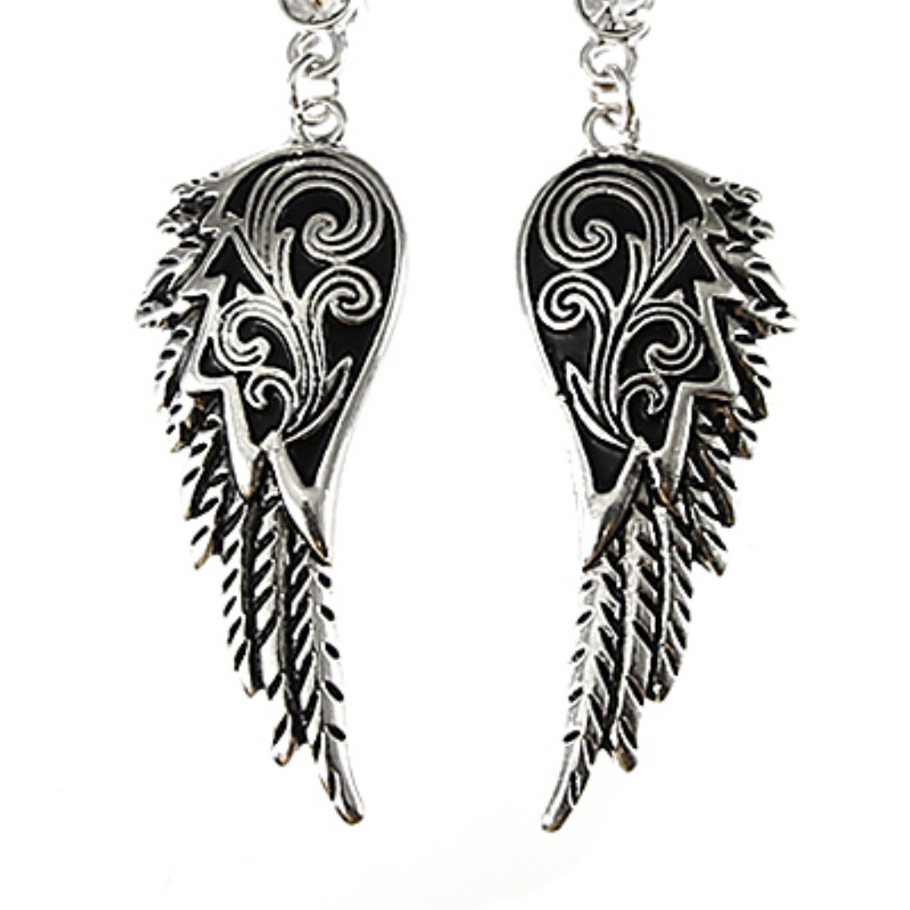 Silver Black Angel Wing Rhinestone Dangle Earrings Guardian Spirit Nwt